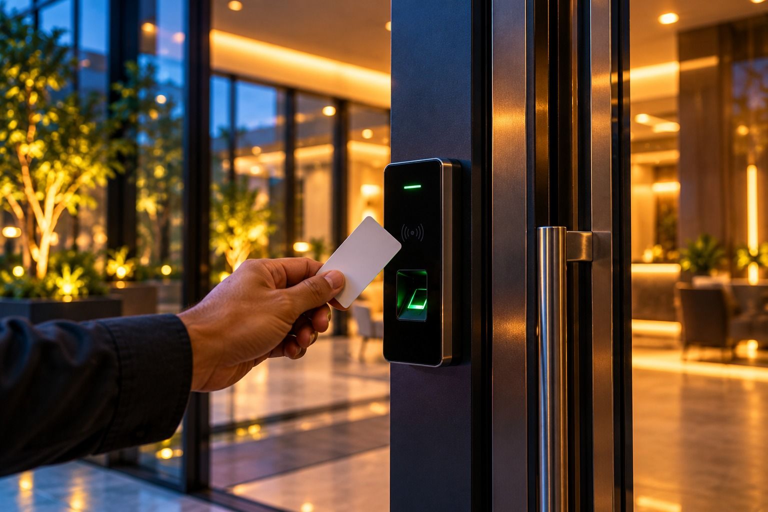 Hand presenting an access card to a card and fingerprint reader beside a glass entrance door