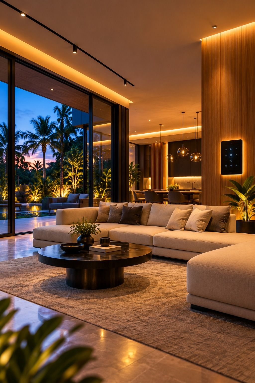 Modern living room with warm automated lighting and a wall-mounted smart control panel
