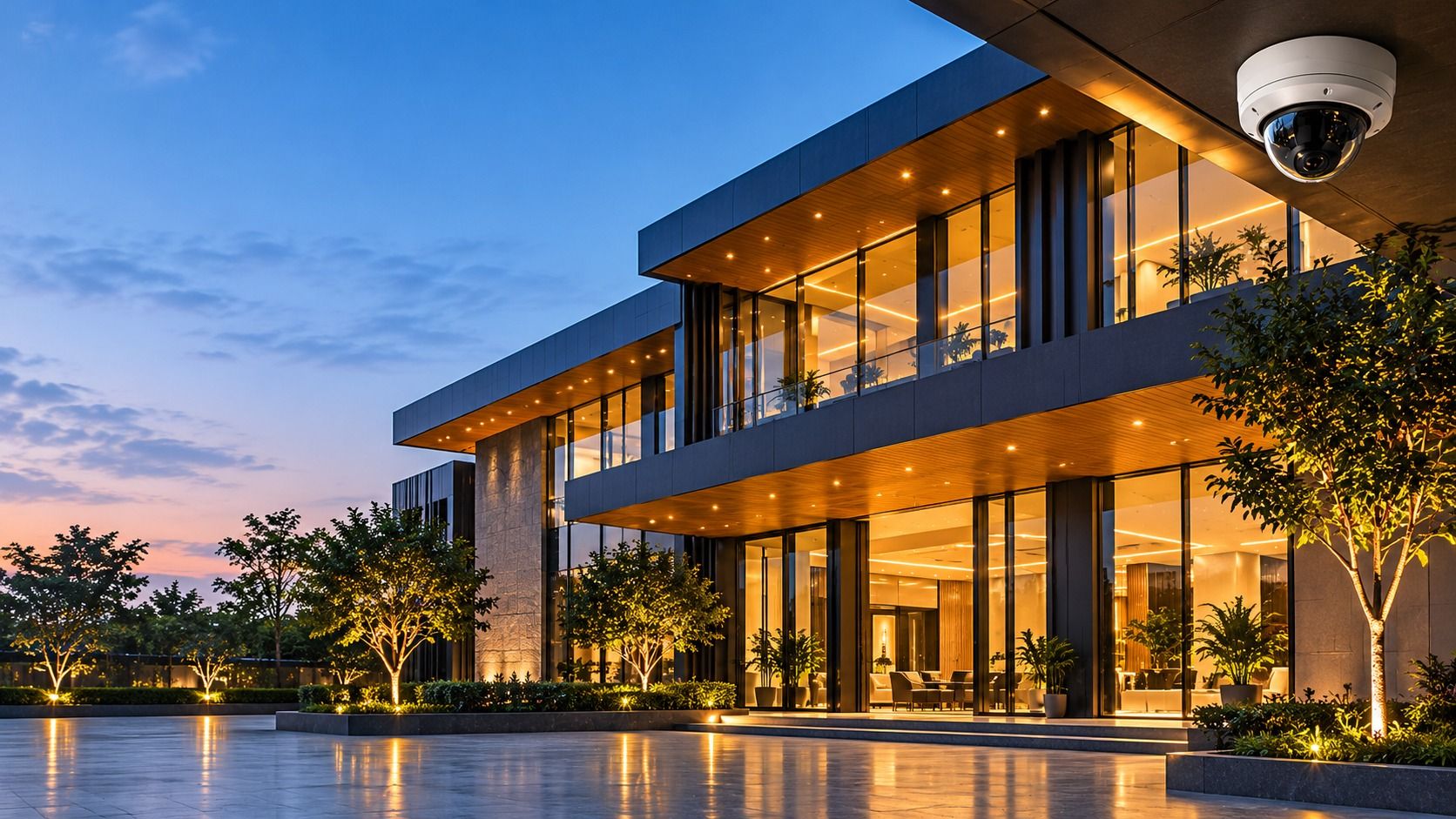 Contemporary building at dusk with a dome security camera mounted under its roof canopy