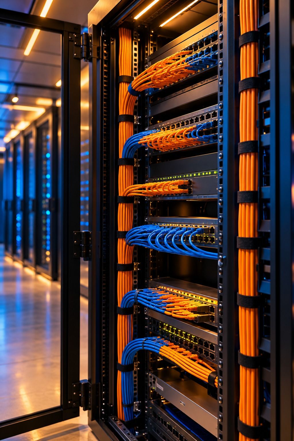 Server rack with neatly organised orange and blue structured network cabling