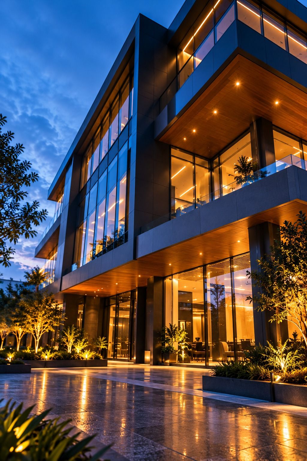 Glass-fronted corporate building with landscaped grounds lit at dusk