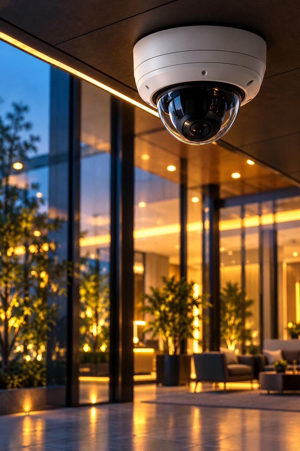 White dome security camera mounted under the illuminated canopy of a modern glass building